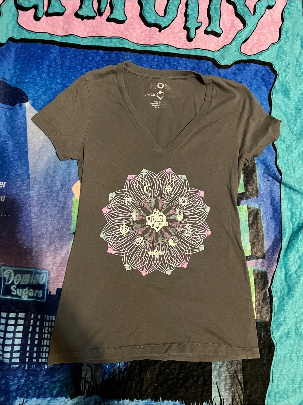 V-Neck Gray House of Blues Tee with Pastel Mandala Graphic